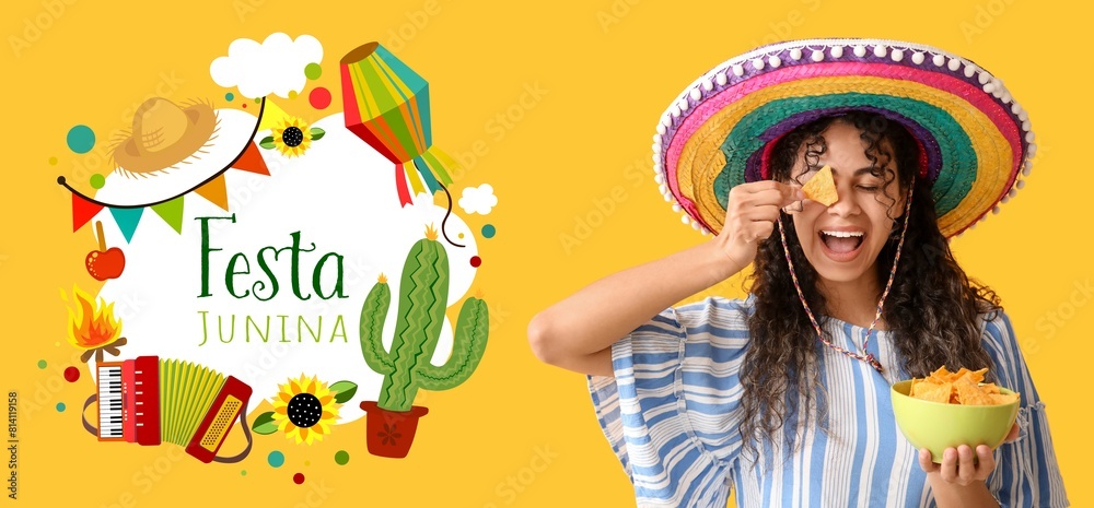 Poster Young woman in sombrero hat eating nachos on yellow background. Banner for Festa Junina (June Festival)