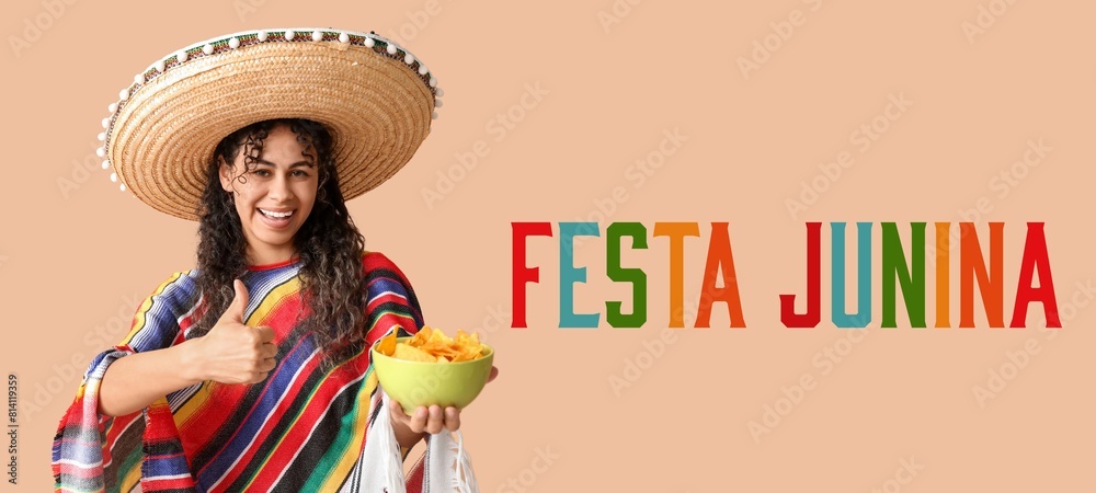 Poster Beautiful young woman in Mexican clothes and with nachos on beige background. Banner for Festa Junina (June Festival)