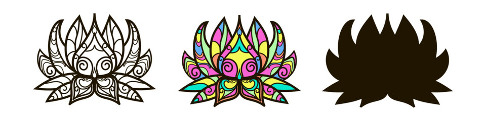 Set of lotuses in one line style, doodle and black silhouette. Mandala. Vintage decorative elements. Oriental ornaments. Islamic, Arabic, Indian, Moroccan, Chinese, mystical, mythical motifs.
