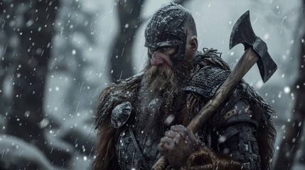 Medieval warrior with an ax and chain mail on the background of a snowy forest