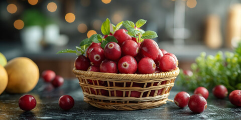 A basket filled with fresh cranberries, blurred bokeh background, copy space. This vibrant display not only showcases a healthy snack but also exudes a cozy, inviting atmosphere.