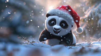 A chubby baby panda adorned with a Santa hat clumsily waddles through the snowy landscape evoking...