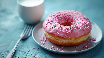   A plate holds a donut coated in pink icing and adorned with sprinkles, accompanied by a glass of milk