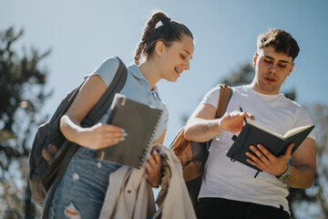 Two young students engaged in group study, sharing notes in a park on a sunny day after classes.