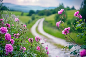 Obraz premium Wild Roses by a Country Road, Ideal for Text on a Rustic Blurred Background