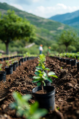 Rows of young plants in black pots stretch across a rural farm, blurred background, copy space effort in afforestation and ecological sustainability aimed at combating CO2 emissions