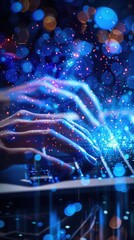 Close-up of hands typing swiftly on a laptop keyboard.