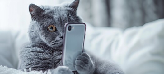 domestic cat attentively gazes at a smartphone screen while comfortably seated on a bed. The felines focused expression suggests interest or curiosity in the devices contents
