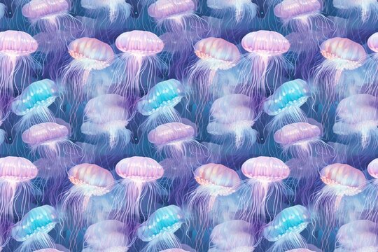 Colorful jellyfish swimming gracefully in a patterned underwater scene