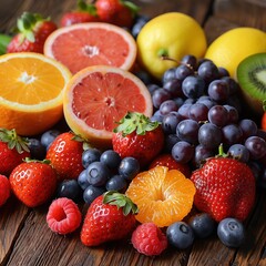 selection of various fruits like apples, bananas, oranges, and grapes are artfully arranged on a rustic wooden table, creating an enticing display of colors and textures