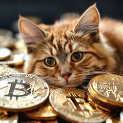 cat with a curious expression on its face is staring intently at a stack of shiny gold bitcoin coins