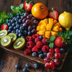 selection of various fruits like apples, bananas, oranges, and grapes are artfully arranged on a rustic wooden table, creating an enticing display of colors and textures