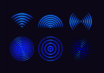 Abstract Wifi Signal Waves. Sound Effect Icon. Vector Blue Light Radar. Tech Sensor Circle Symbol