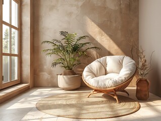 room featuring a rattan chair and a potted plant. The chair is positioned next to the plant, creating a simple and functional space.