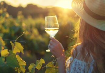 woman stands holding a glass of wine in front of a lush vineyard, with grapevines stretching into the distance