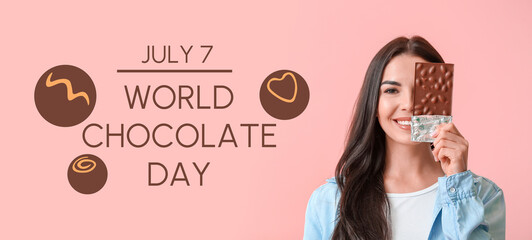 Beautiful young woman with chocolate on color background
