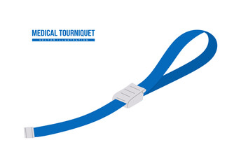 Vector medical tourniquet. Hemostatic tourniquet with clamping device to limit the circulation of venous blood during intravenous manipulations. First aid. Colored flat vector illustration
