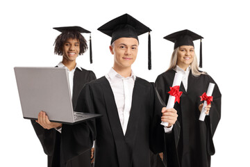 Graduation students with a laptop computer