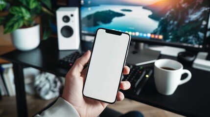 Cropped image of smart man's hands holding and using a white blank screen smartphone while sitting at the working desk over comfortable living room as