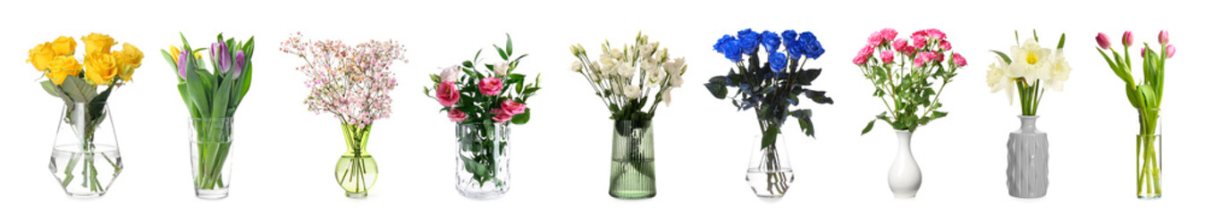 Set of many vases with bouquets of different flowers on white background