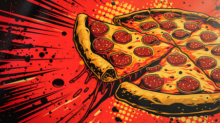 It is a pizza ad designed like a comic book cover. It's a pop art pizza ad. Pizza advertisement banner with copy space.