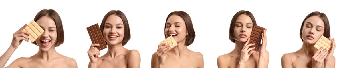 Set of beautiful young woman with sweet chocolate on white background