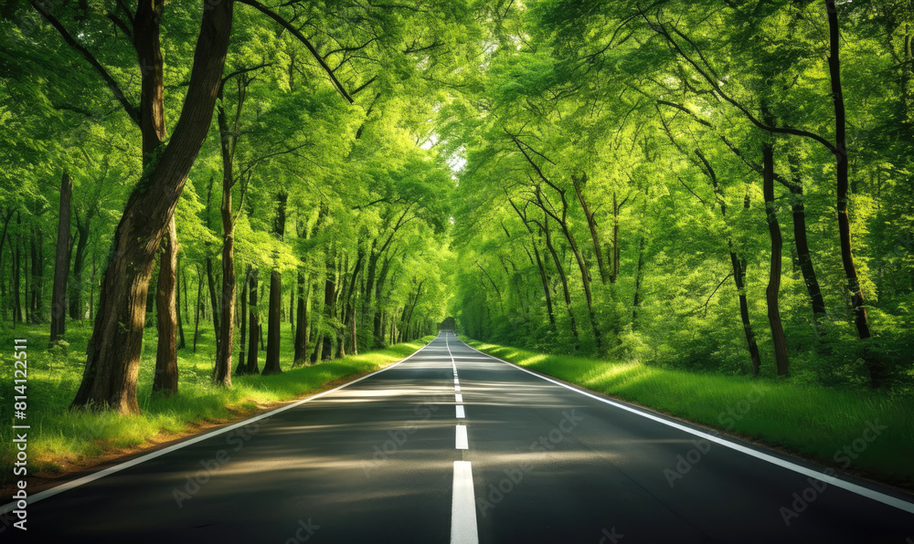 Wall mural A long road towards the horizon through a green forest