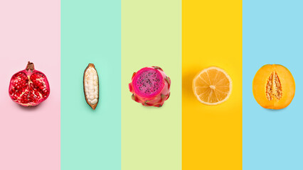 Set of different tasty fruits on color background, top view