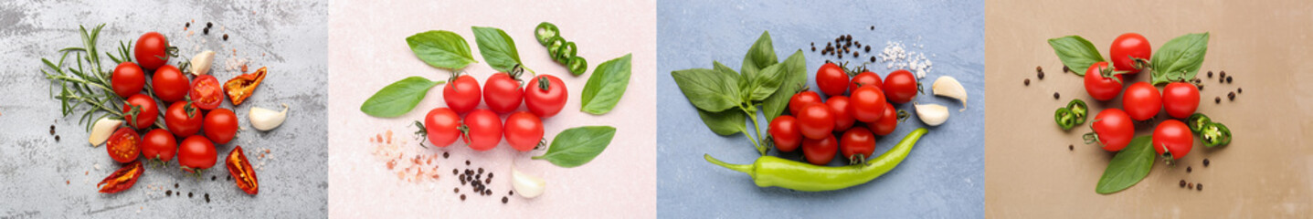 Collage of ripe cherry tomatoes and spices on color background, top view