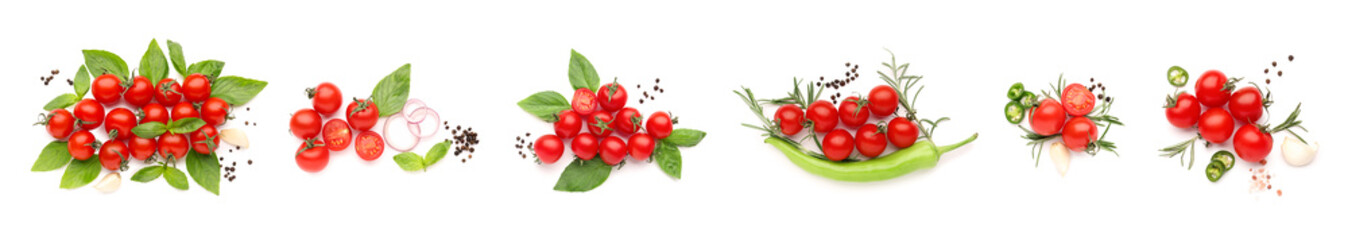 Set of ripe cherry tomatoes and spices on white background
