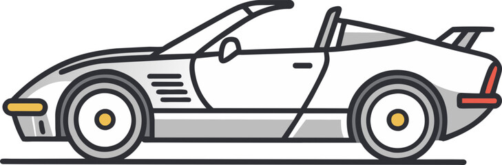 Roadster Cartoon Car Icon White, Grey and Black Outlined, Sports Car, Supercar , Clip Art, Vector, Transparent Background, Png, Svg