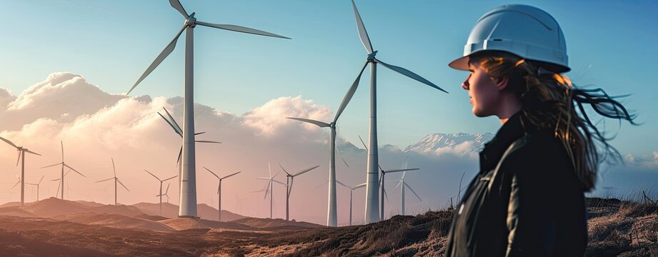 Woman with windmill renewable technology wind farm electricity worker people turbine engineer energy