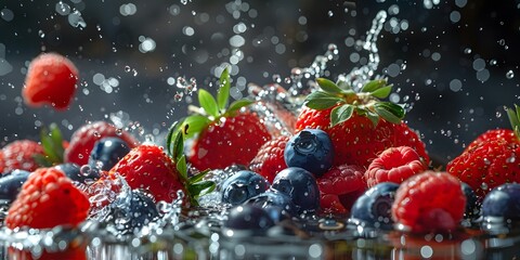 Water droplets cascading over ripe strawberries, blueberries, and raspberries in a dynamic close-up