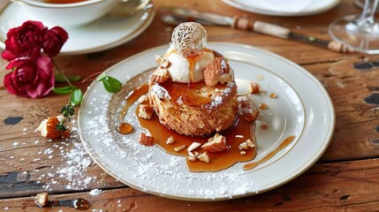   White plate, pancake stacks, caramel sauce, whipped cream, nuts