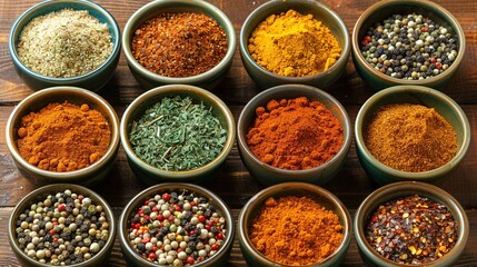   A collection of bowls holding various spices atop a wooden table against a wooden backdrop