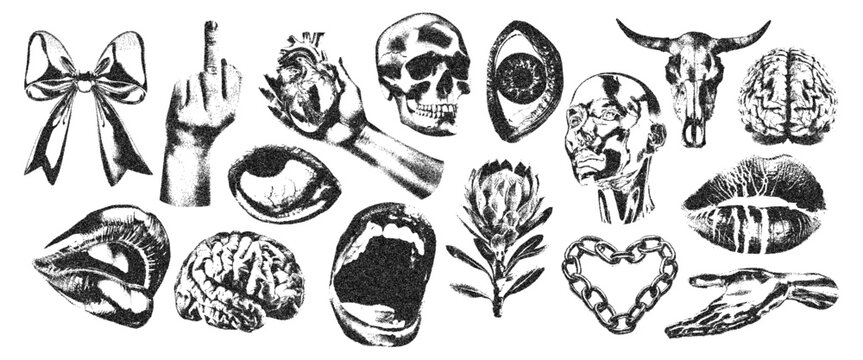Mouth, heart, brain, head, scream, hand, flower, bow ribbon with halftone stipple effect, for grunge punk y2k collage design. Vector illustration in stipple halftone brutalist retro design for banner - Powered by Adobe