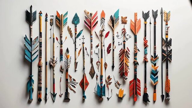 Row of Ornate Native American Arrows on White Background