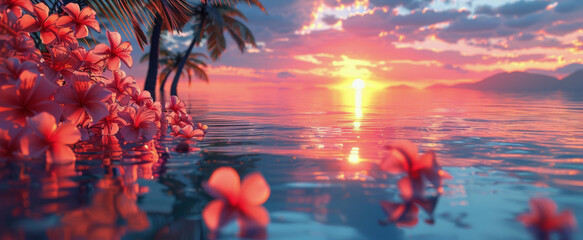 Fototapeta premium Tropical Sunset With Pink Flowers and Palm Trees