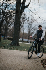 A thoughtful young teenager with his bicycle pauses to take in the tranquil surroundings of a leafy park.