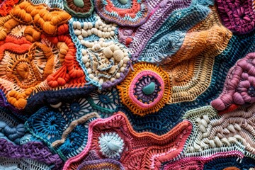 Colorful textured crochet patterns with intricate designs, showcasing handcrafted artistry