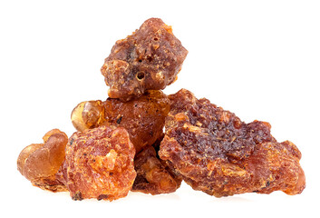 Pile of natural frankincense Olibanum. Frankincense resin isolated on a white background, Incense.