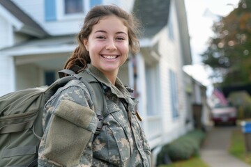 A woman in army uniform smiling while holding a backpack. Generative AI.