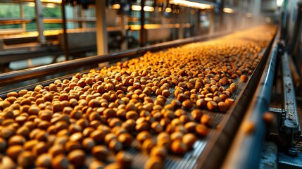 Fototapeta premium Conveyor belt with oranges stacked on top