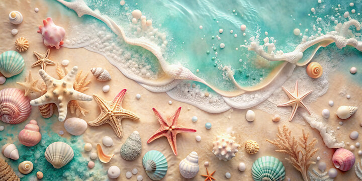 Abstract creative marine background in pastel colors with starfish, seashells, corals and sea wave. Generative Ai.