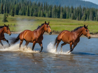 Feral Bay Stallions Galloping Through the Wild