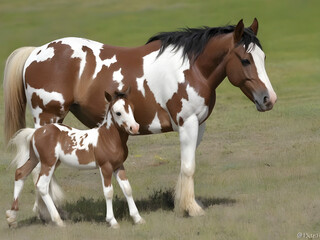 In the Heart of Nature. Wild Mustangs and Their Young.
