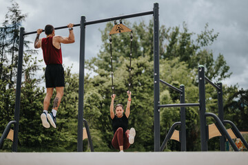 An athletic man and woman exercise on metal bars in a lush, green park, focusing on their upper body and core strength.