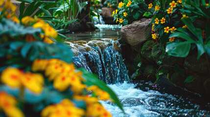 A garden waterfall with yellow flowers, green plants, and natural landscape
