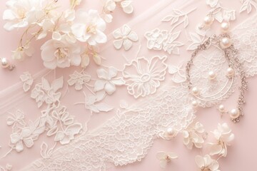 Elegant Wedding Invitation Design with Delicate White Lace and Pearls on Pink Background