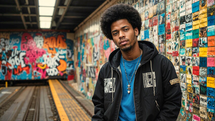 Young man in urban setting with graffiti background